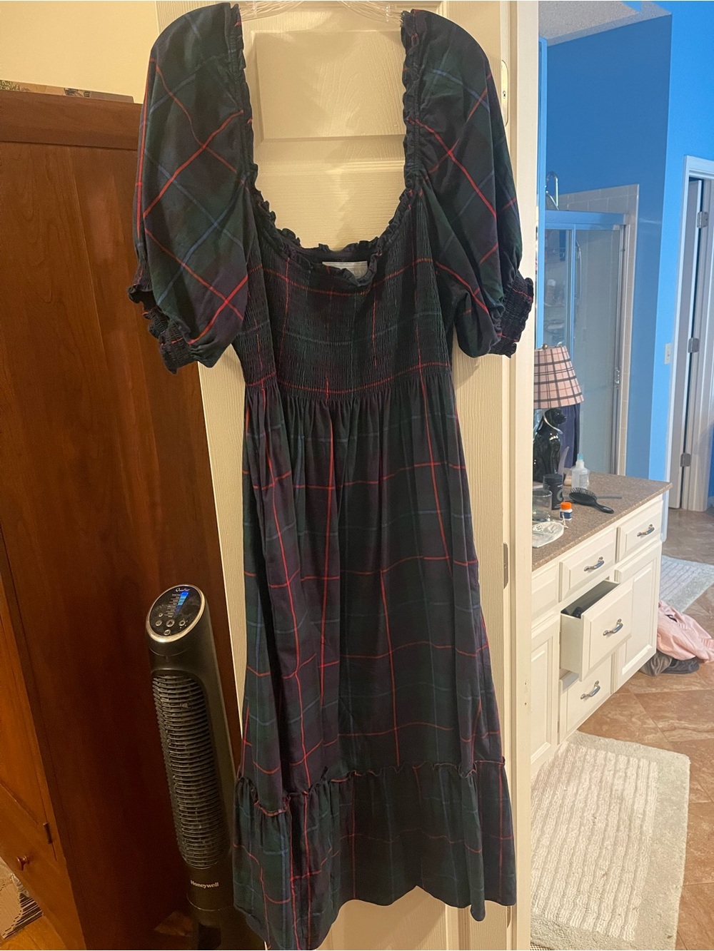 Hill House Nap Dress in green, navy and red plaid